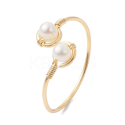 Copper Wire Wrapped Natural Cultured Freshwater Pearl Open Ring RJEW-JR00628-1