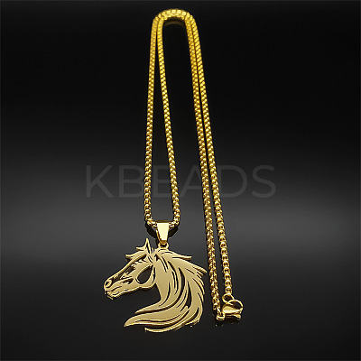Horse Head 201 Stainless Steel Pendant Necklaces for Men Women NJEW-K283-14G-1