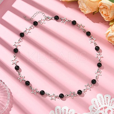 Star Alloy & Round Natural Eyeless Obsidian Link Chain Necklaces for Women NJEW-JN05135-1