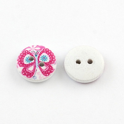 2-Hole Flower Pattern Printed Wooden Buttons BUTT-R033-021-1