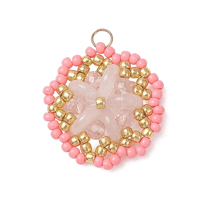 Natural Rose Quartz & Glass Seed Beaded Flower Pendants PALLOY-MZ01211-01-1