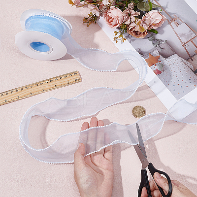 5 Yards Organza Plastic Ribbon with Plastic Pearl Edged OCOR-WH0101-185C-1
