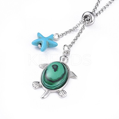 Tortoise Brass Synthetic Malachite Lariat Necklaces NJEW-JN02456-01-1
