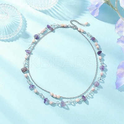 2Pcs 2 Styles Natural Amethyst Chip & Glass & 304 Stainless Steel Handmade Link Chain Double Layer Necklaces for Women NJEW-JN05363-1