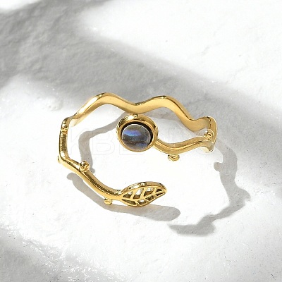 Leaf & Flat Round 304 Stainless Steel Paua Shell Cuff Rings for Women LS-RJEW-G346-01G-01-1