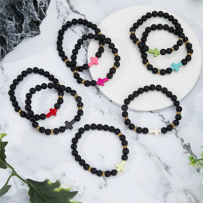 8Pcs 8 Colors Dyed Synthetic Turquoise Cross Beaded Stretch Bracelets Set BJEW-FI0001-27-1