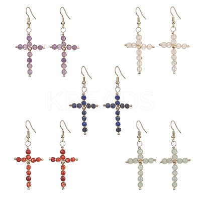 Natural Mixed Stone Cross Dangle Earrings EJEW-JE05289-1