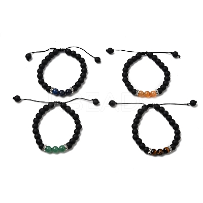 4Pcs 4 Style Natural Lava Rock & Mixed Stone Braided Bead Bracelets Set for Women BJEW-TA00115-1