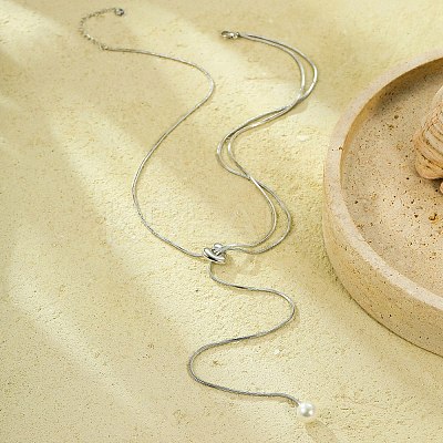 304 Stainless Steel Round Shell Pearl Pendant Lariat Necklaces for Women NJEW-U031-03P-1