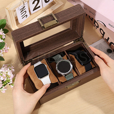 3-Slot Wood Covered with PU Leather Watch Storage Boxes with Glass Visible Window Hinged Lids and Lint Pillows Inside CON-WH0113-10B-1