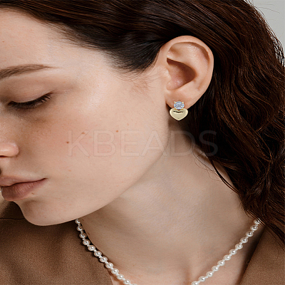 1 Pair Heart Brass Micro Pave Clear Cubic Zirconia Stud Earrings EJEW-LP0004-98G-1