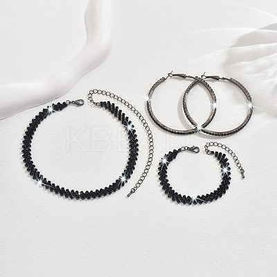 Alloy with Jet Rhinestone Chain Necklace & Hoop Earring & Bracelet FS-WG9D127-03-1
