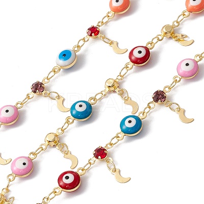 Enamel Evil Eye & Glass Flat Round Link Chains CHC-C003-22G-01-1