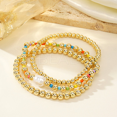 3Pcs 3 Styles Brass Round Beaeds Stretrch Bracelets for Women BM4662-1