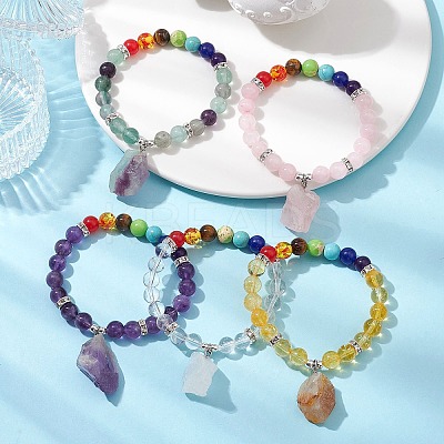 5Pcs 5 Styles Raw Rough Mixed Gemstone Charm Bracelets BJEW-JB10298-1