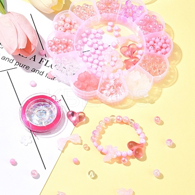 DIY Round & Flower & Heart Acrylic & ABS Plastic Imitation Pearl Beads Bracelets Making Kits DIY-FS0006-48-1