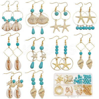 Ocean Theme Synthetic Turquoise & Natural Shell Dangle Earrings DIY Making Kit DIY-SC0025-79-1