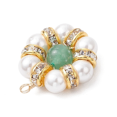 4Pcs 4 Styles Natural Green Aventurine & Tiger Eye & Carnelian & Amethyst & Shell Pearl Round Beaded Flower Pendants PALLOY-TA00300-01-1