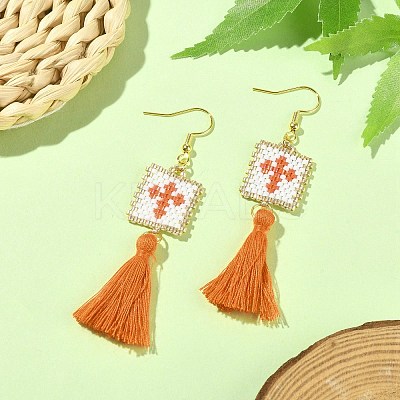 Glass Rectangle with Tassel Dangle Earrings EJEW-MZ00064-1