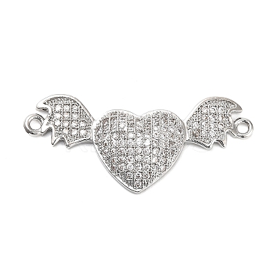 Brass Micro Pave Clear Cubic Zirconia Heart with Bat Wings Connector Charms KK-L229-053P-1