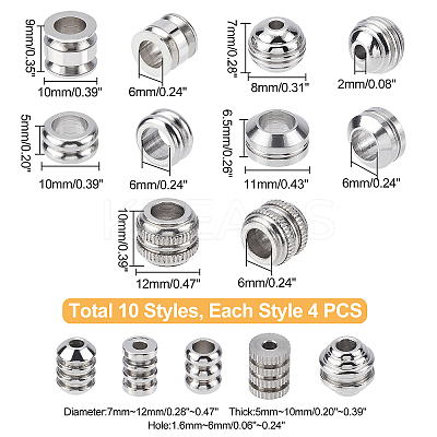 40Pcs 10 Style 304 Stainless Steel Beads STAS-DC0004-27-1