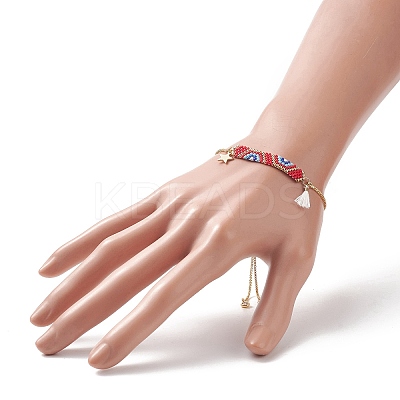 Handmade Japanese Seed Rectangle & Star & Tassel Charms Slider Bracelet BJEW-MZ00013-01-1