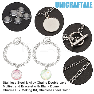 304 Stainless Steel & Alloy Chains Double Layer Multi-strand Bracelet with Blank Dome Charms DIY Making Kit BJEW-UN00001-1
