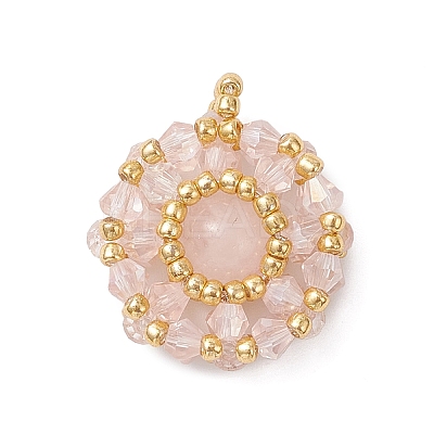 Natural Rose Quartz & Glass Seed Beaded Flat Round Pendants PALLOY-MZ00950-01-1