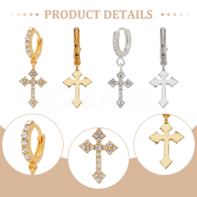 2Pcs 2 Colors Brass Cross Dangle Hoop Earrings with Rhinestone EJEW-AN0004-64-1