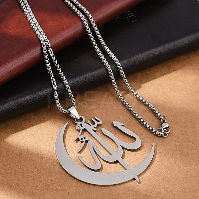 201 Stainless Steel Moon & Arabic Pendants Box Chain Necklaces for Women Men NJEW-R013-02P-1