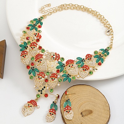 Christmas Santa Claus & Leaf Alloy Rhinestone Pendant Necklace & Stud Dangle Earrings Sets WGF6AE0-02-1