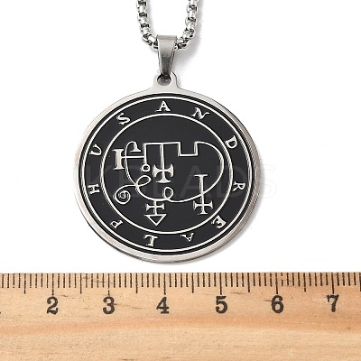201 Stainless Steel Black Enamel Flat Round Sigil Pendant Necklaces NJEW-H065-14P-1