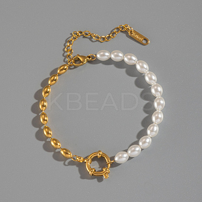 Fashion Plastic Pearl & 304 Stainless Steel Oval Beaded Link Bracelets for Women UP6693-1