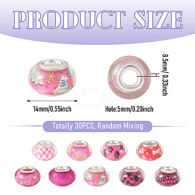 30Pcs Printed Transparent Resin European Beads RESI-TADJ0001-03H-1