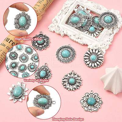 20Pcs 10 Styles Alloy Pave Synthetic Turquoise Pendants FIND-CJ0004-29-1