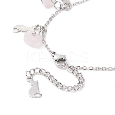 Natural Rose Quartz Chips & Cat Charms Anklet AJEW-AN00512-03-1