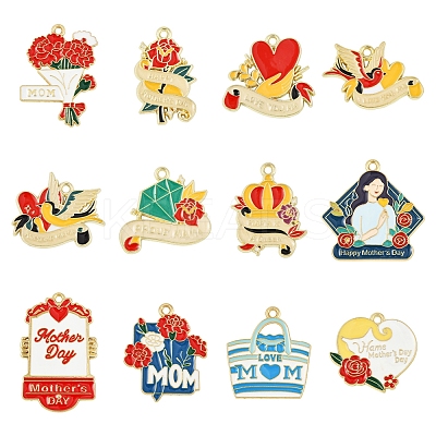 24Pcs 12 Styles Mother's Day Theme Alloy Enamel Pendants ENAM-FS0002-77-1