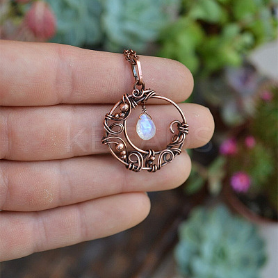 Copper Wire Wrapped Moon with Synthetic Moonstone Drop  Pendant Necklaces FS-WG5A52F-01-1