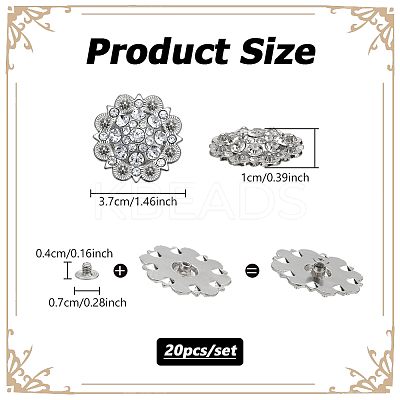 20Pcs Flower Zinc Alloy & Rhinestone & Glass Rivets BUTT-NB0001-84D-1