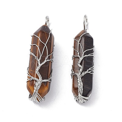 Natural Tiger Eye Copper Wire Wrapped Pointed Pendants G-F733-05A-1