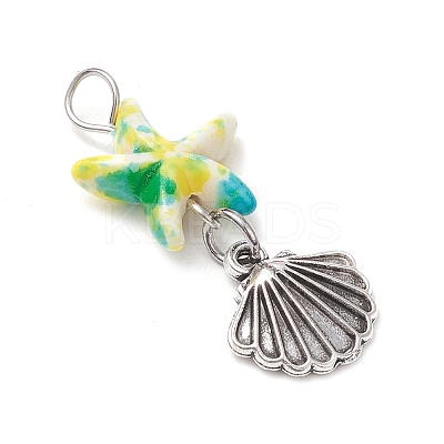 Starfish/Sea Stars Dyed Synthetic Turquoise & Alloy Shell Shape Pendants PALLOY-JF03957-02-1
