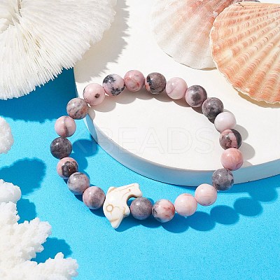 Synthetic Turquoise Dolphin Beads with Natural Pink Zebra Jasper Beaded Stretch Bracelets BJEW-JB10213-05-1