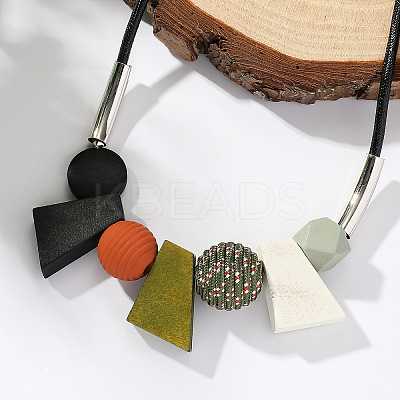 Bohemian Style Trapezoid & Round Wood Beaded Pendant Black Waxed Cord Bib Necklaces for Women FS-WG1625A-02-1