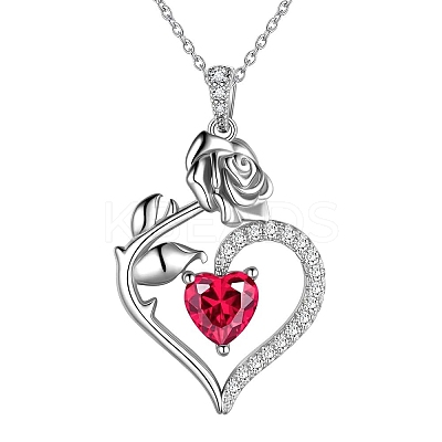 Rhodium Plated 925 Sterling Silver Pave Cubic Zirconia Rose Heart Birthstone Pendant Cable Chain Necklaces NJEW-H012-66B-1