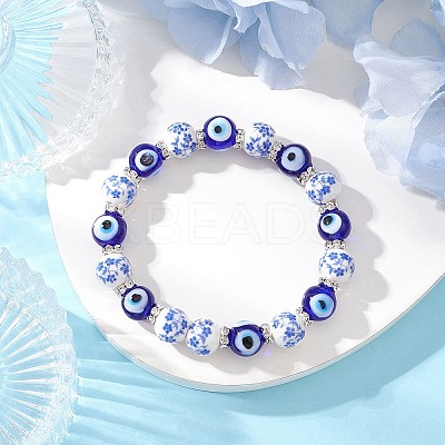 Handmade Flower Printed Porcelain Ceramic & Handmade Lampwork Evil Eye Beads Stretch Bracelets for Women BJEW-JB12105-04-1