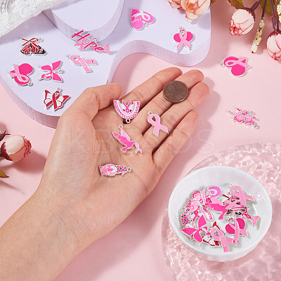 26Pcs 13 Styles Breast Cancer Pink Awareness Ribbon Theme Alloy Enamel Pendants ENAM-TA0001-93-1