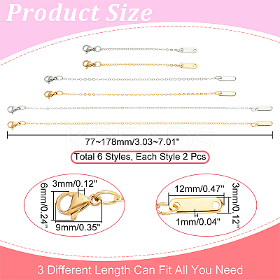 12Pcs 6 Style Brass & 304 Stainless Steel Cable Chains Extender FIND-DC0001-89-1