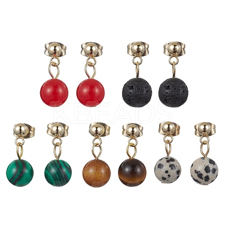 Natural & Synthetic Mixed Gemstone Round Ball Dangle Stud Earrings EJEW-JE05537-1