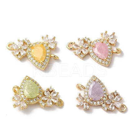 Brass Pave Clear Cubic Zirconia Flower Teardrop Links Connector Charms KK-C062-014G-1