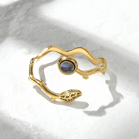 Leaf & Flat Round 304 Stainless Steel Paua Shell Cuff Rings for Women LS-RJEW-G346-01G-01-1